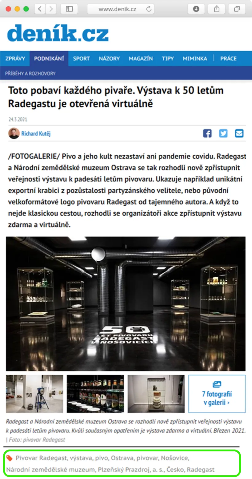 A screenshot of an article on a newspaper's website, with tags provided by Geneea.