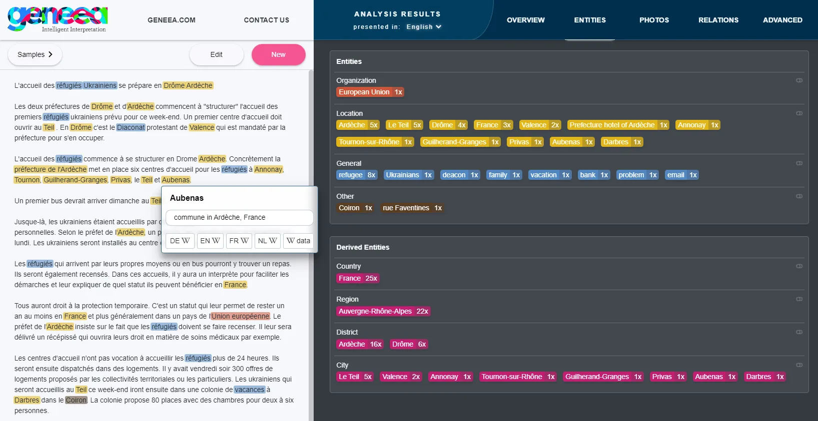 Sample Analysis in Geneea's Demo